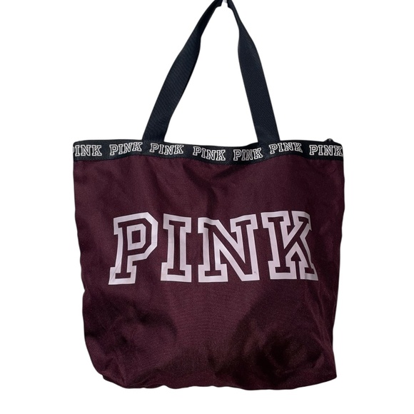Victoria's Secret Handbags - Victoria's Secret Burgundy‎ Black Zipper Closure Tote Bag Logo PINK